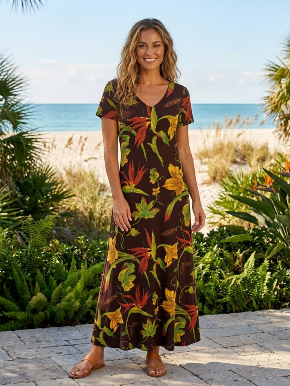 Vtg 90s K.C.  Spencer Brown Floral Tropical Long Midi Dress Grunge usa